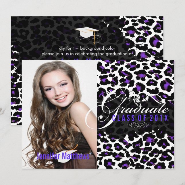 PixDezines Leopard Print Studenten, Lila Inbjudningar (Fram/baksida)