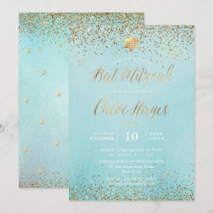 PixDezines Light Blue Guld Glitter Bat mitzvah Inbjudningar