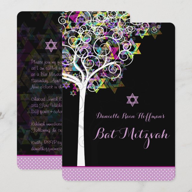 PixDezines livets träd Bat mitzvah/dyy-bakgrund Inbjudningar (Fram/baksida)