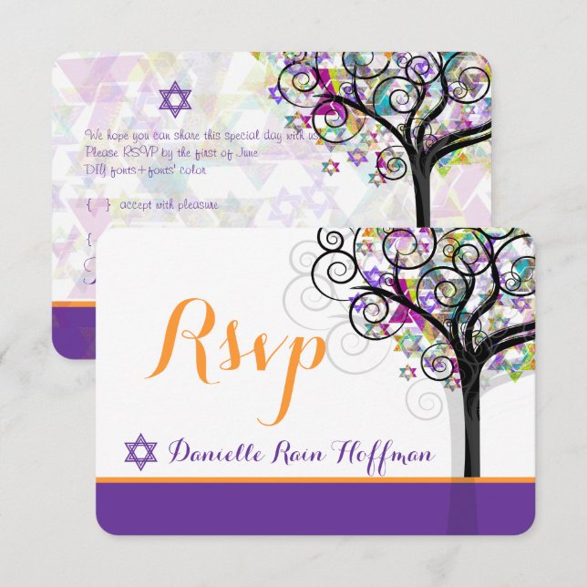 PixDezines livets träd Bat mitzvah/dyy-bakgrund Inbjudningar (Fram/baksida)
