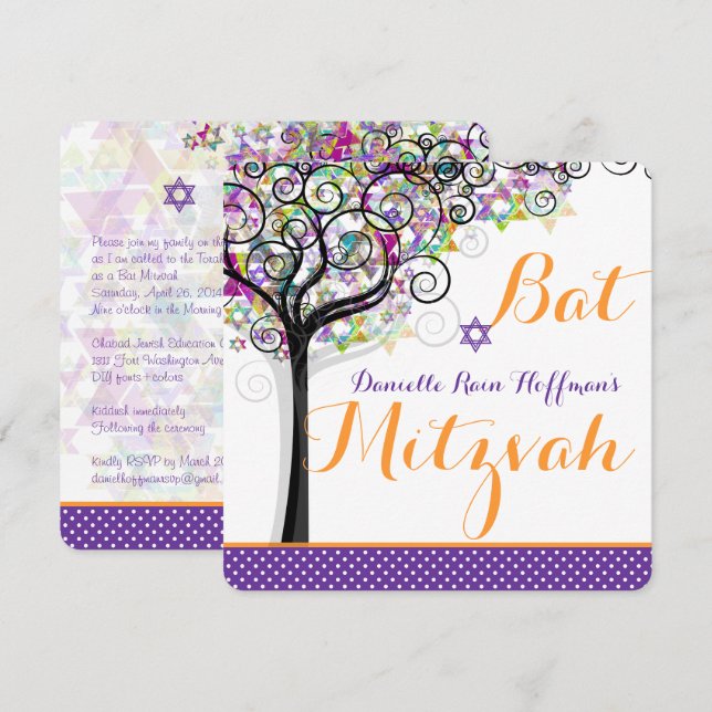 PixDezines livets träd Bat mitzvah/dyy-bakgrund Inbjudningar (Fram/baksida)