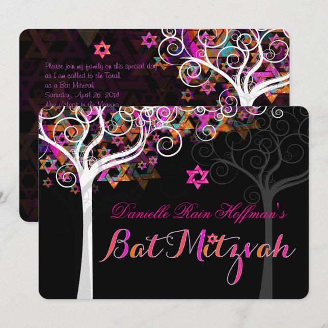PixDezines livets träd Bat mitzvah/dyy-bakgrund Inbjudningar (Fram/baksida)