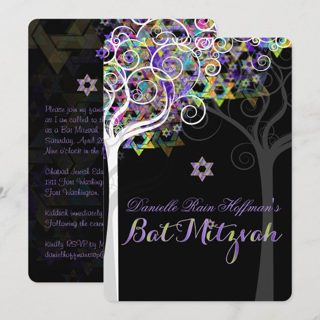 PixDezines livets träd Bat mitzvah Inbjudningar (Fram/baksida)