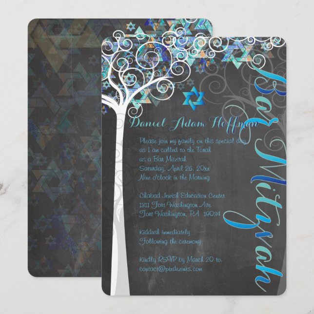 PixDezines Livets träd Bat mitzvah/kritbord Inbjudningar (Fram/baksida)