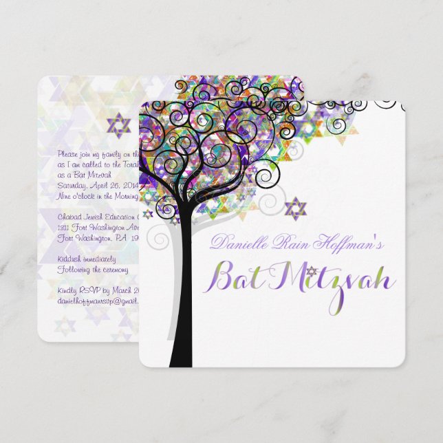 PixDezines LIVETS TRÄD BAT MITZVAH/LILA+ROSA Inbjudningar (Fram/baksida)