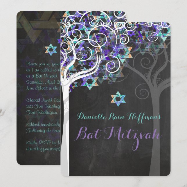 PixDezines Livets träd Bat mitzvah/Uralkboard Inbjudningar (Fram/baksida)