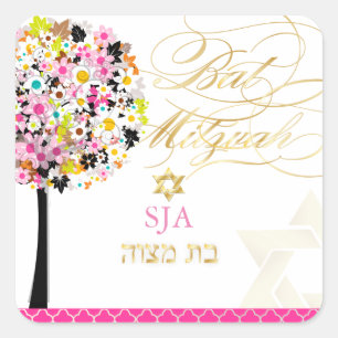 PixDezines livets träd/blommigt/Bat mitzvah Fyrkantigt Klistermärke