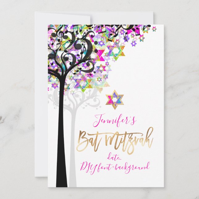 PixDezines LIVETS TRÄD MUSIK NOTER MITZVAH ROSA Inbjudningar (Framsida)