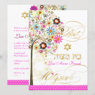 PixDezines LIVSTRÄD+BLOMMOR BAT MITZVAH Inbjudningar