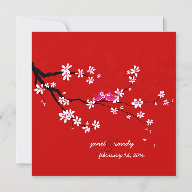 PixDezines Love birds/Red cherry/sakura-blommar Inbjudningar (Framsida)