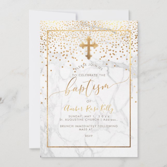 PixDezines Marble+Faux Guld Confetti/Baptism Inbjudningar (Framsida)