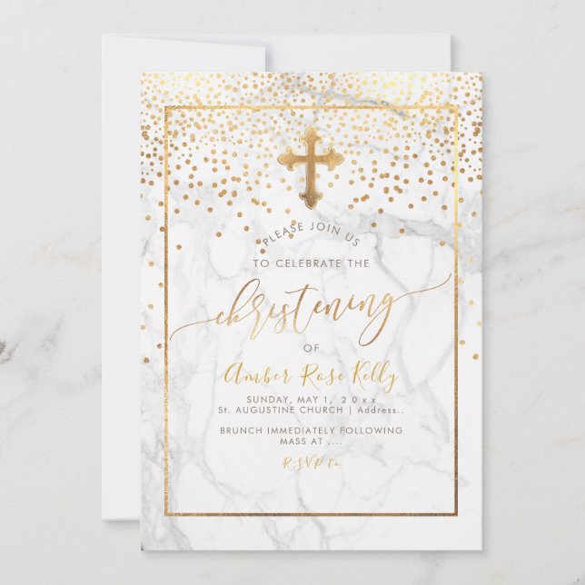 PixDezines Marble+Faux Guld Confetti/Christening Inbjudningar (Framsida)
