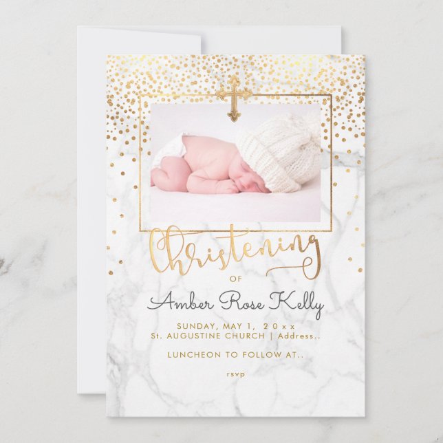 PixDezines Marble+Faux Guld Confetti Christening Inbjudningar (Framsida)