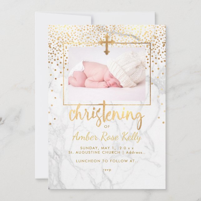 PixDezines Marble+Faux Guld Dots/Christening Inbjudningar (Framsida)