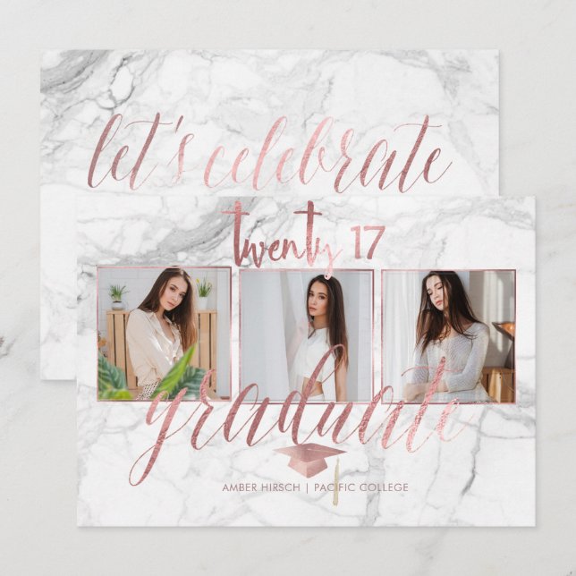 PixDezines Marble Faux Ro Guld 2017 Studenten Inbjudningar (Fram/baksida)