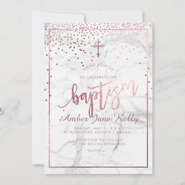 PixDezines Marble+Faux Ro Guld Dots/Baptism Inbjudningar (Framsida)