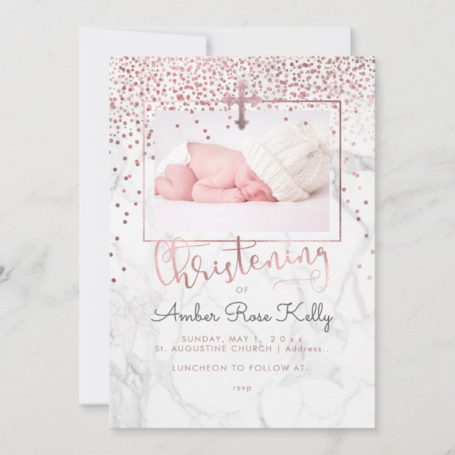 PixDezines Marble+Faux Ro Guld Dots Christening Inbjudningar (Framsida)