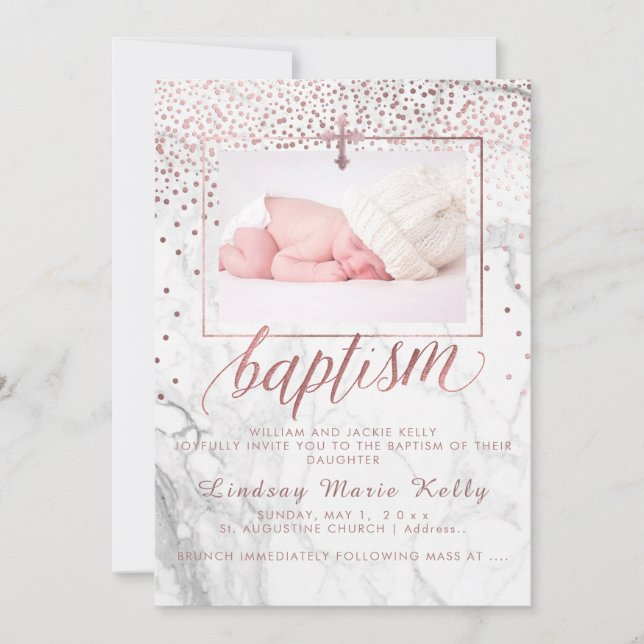 PixDezines Marble+Faux Ro Guld Konfetti Baptism Inbjudningar (Framsida)