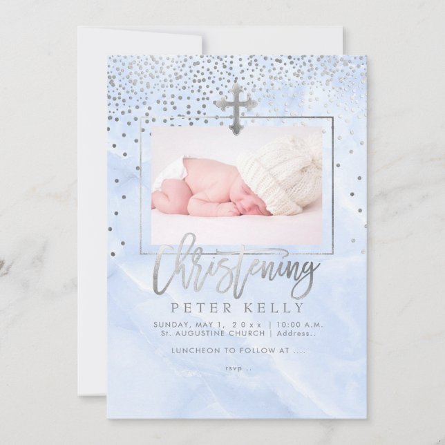 PixDezines Marble+Faux Silver Dots/Christening Inbjudningar (Framsida)