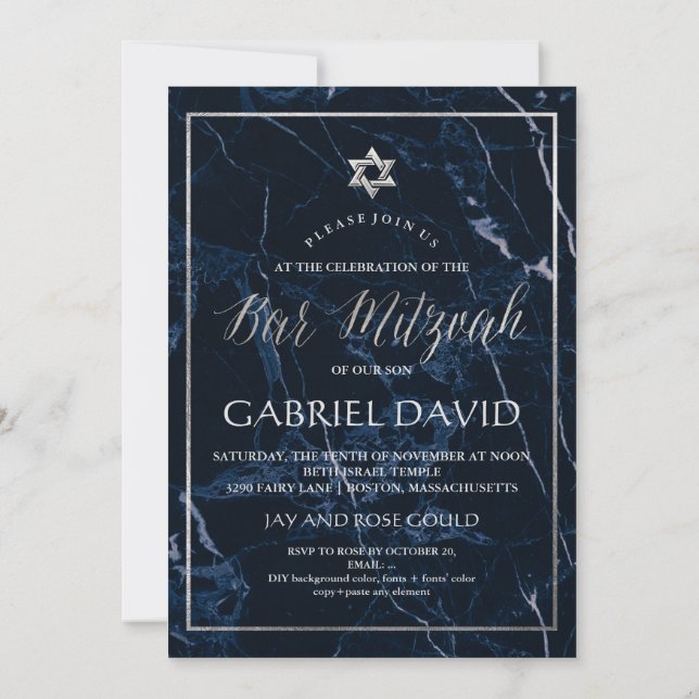 PixDezines Marble Faux Silver Star Pub Mitzvah Inbjudningar (Baksida)