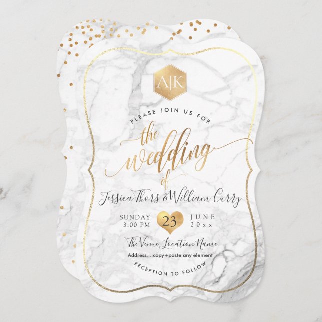 PixDezines Marble+Monogram+Faux Guld Honeycomb Inbjudningar (Fram/baksida)