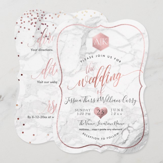 PixDezines Marble+Monogram+Faux RoseGold Honeycomb Inbjudningar (Fram/baksida)