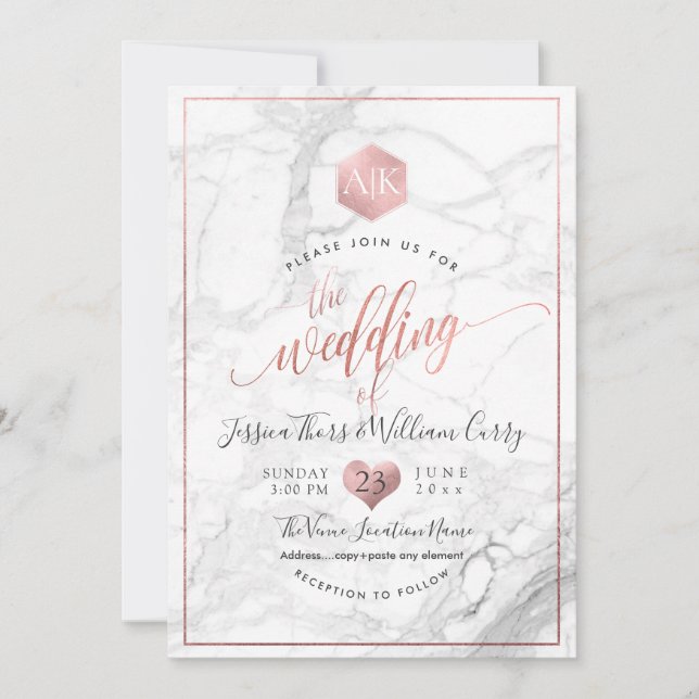 PixDezines Marble+Monogram+Faux RoseGold Honeycomb Inbjudningar (Framsida)