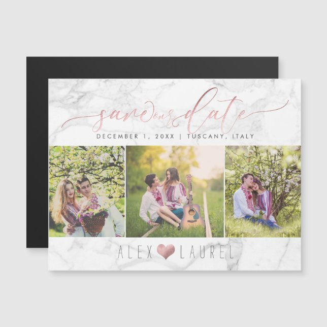 PixDezines Marble Spara vår Date/Faux Ro Guld Magnetisk Inbjudningskort (Fram/baksida)