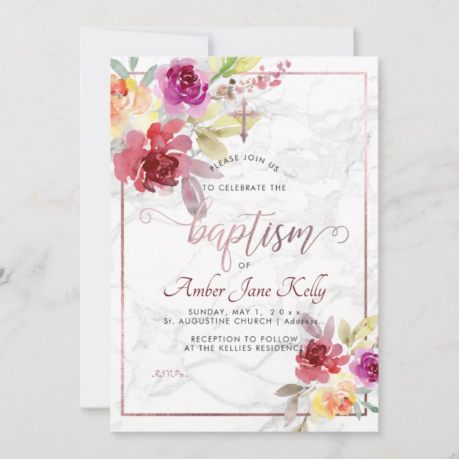 PixDezines Marble+Watercolor Flowers/Baptism Inbjudningar (Framsida)