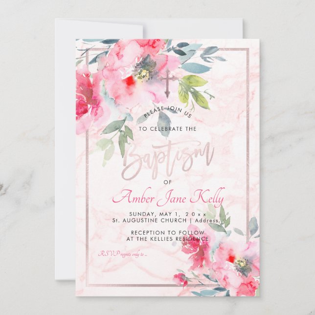PixDezines Marble+Watercolor Flowers/Baptism Inbjudningar (Framsida)
