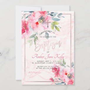 PixDezines Marble+Watercolor Flowers/Baptism Inbjudningar