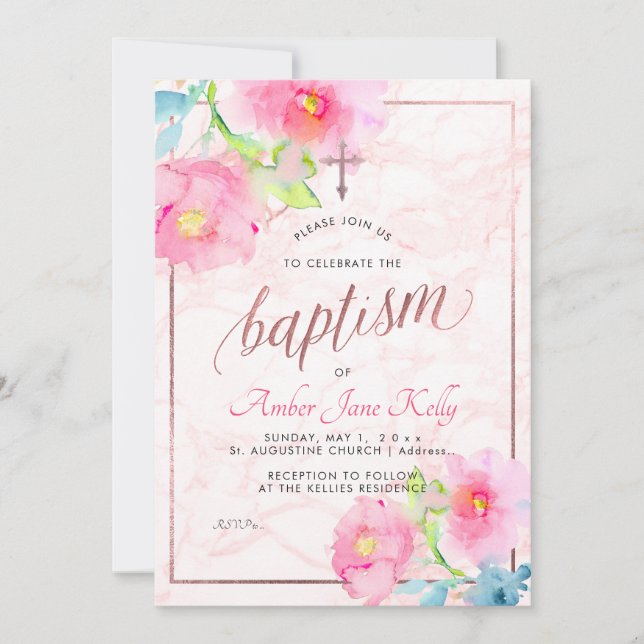 PixDezines Marble+Watercolor Flowers/Baptism Inbjudningar (Framsida)