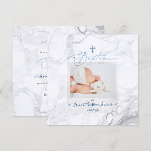 PixDezines Marbre Blanc, Baptême Bleu garçon Inbjudningar