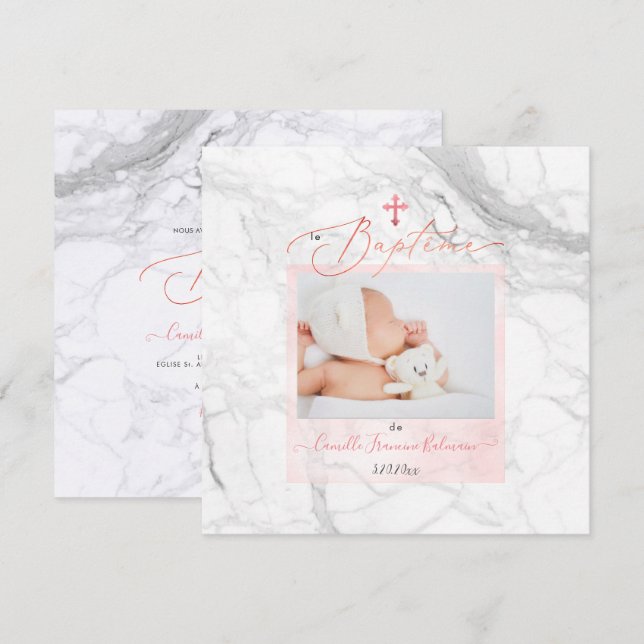 PixDezines Marbre Blanc, Baptême Fille Inbjudningar (Fram/baksida)