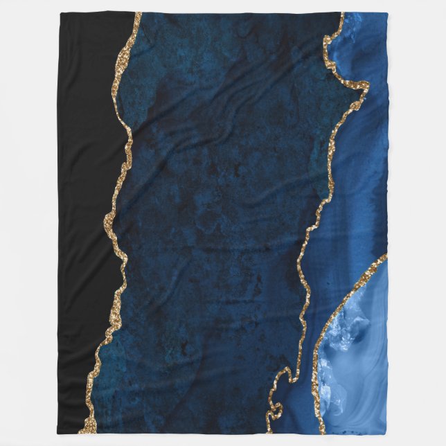 PixDezines Marinblå H2 Agat Falska Guldådror Fleecefilt (Framsidan)