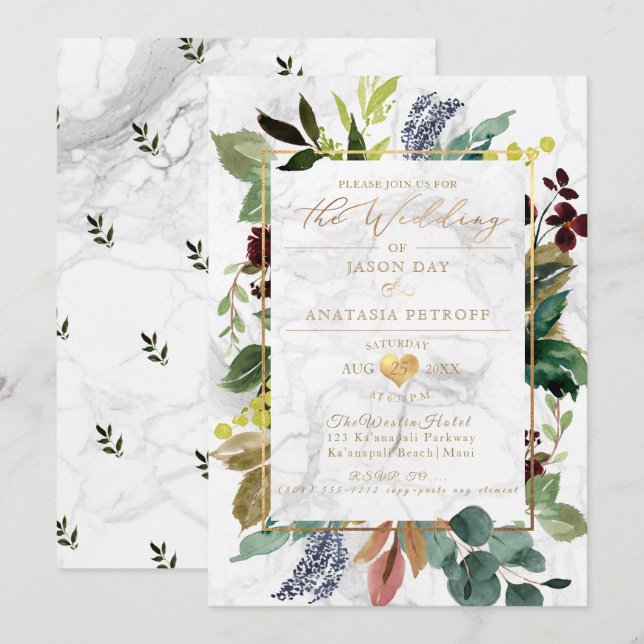 PixDezines Marmor Greenery Guld Hjarta Inbjudningar (Fram/baksida)