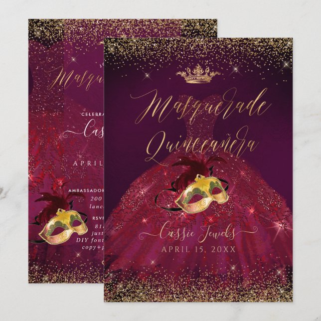 PixDezines Masquerad Quinceanera Burgundy Guld Inbjudningar (Fram/baksida)