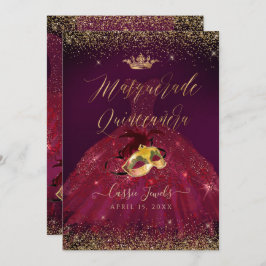 PixDezines Masquerad Quinceanera Burgundy Guld Inbjudningar