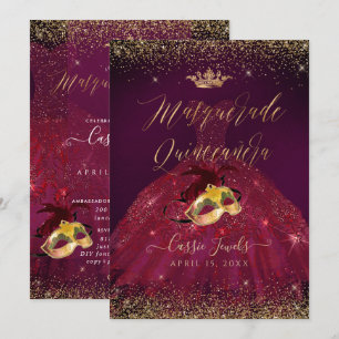 PixDezines Masquerad Quinceanera Burgundy Guld Inbjudningar