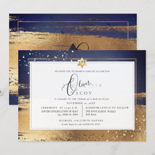 PixDezines MIDNIGHT BLUE GULD BRUSHSTROKE Mitzvah Inbjudningar