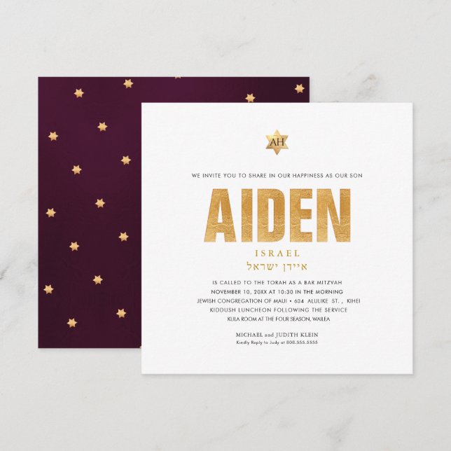 PixDezines Minimalistisk DIY FAUX GULD Mitzvah Inbjudningar (Fram/baksida)