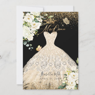 PixDezines Mis Quince Champagne Guld Glitter Gown Inbjudningar