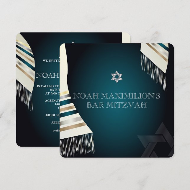 PixDezines mitzvah/teal tallit/dyy bakgrund Inbjudningar (Fram/baksida)