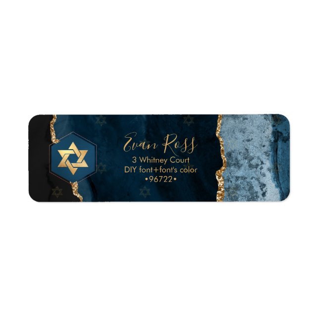 PixDezines Mitzvah Vattenfärg Agat Skifferblå Returadress Etikett (Framsidan)