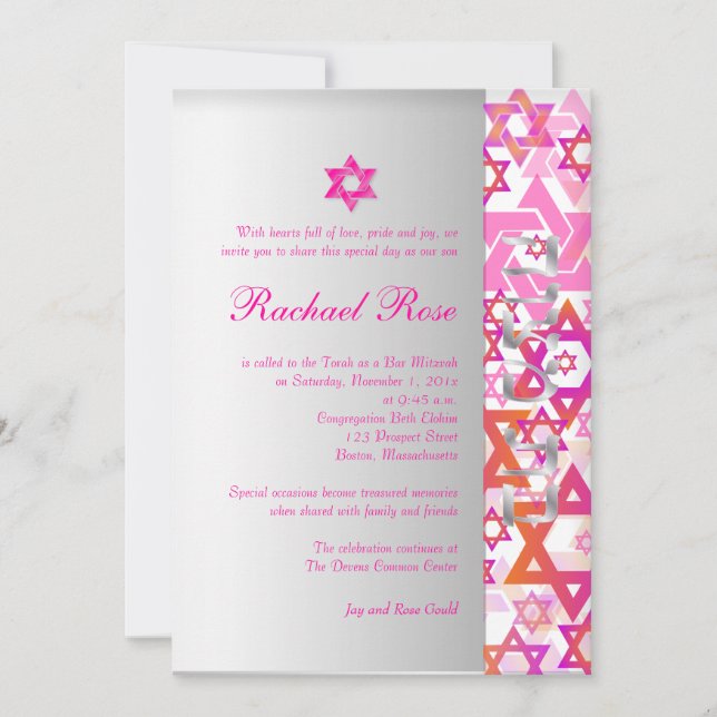 PixDezines mod stars/Pub Mitzvah/shock rosa/silver Inbjudningar (Framsida)