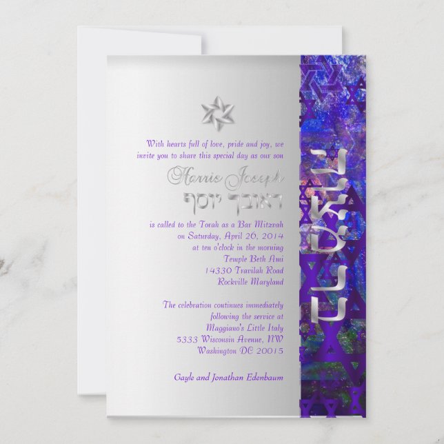PixDezines-mod stjärnor/Pub Mitzvah/violet/silver Inbjudningar (Framsida)