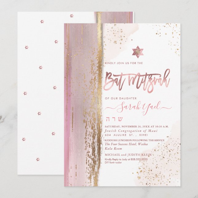 PixDezines Modern Abstrakt Tallit Bat mitzvah Ro Inbjudningar (Fram/baksida)