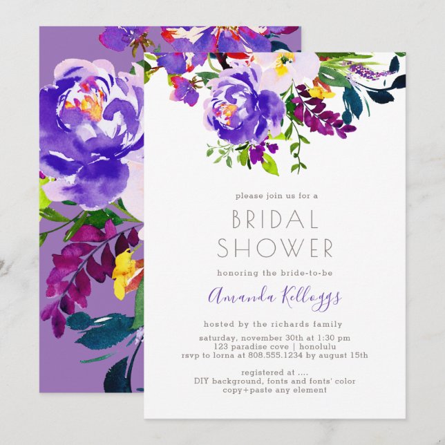 PixDezines Möhippa Blommigt vattenfärg, Lila Inbjudningar (Fram/baksida)