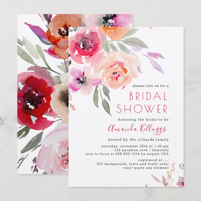 PixDezines Möhippa Watercolor Summer Blommigt Inbjudningar (Fram/baksida)