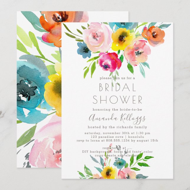 PixDezines Möhippa Watercolor Summer Peonies Inbjudningar (Fram/baksida)